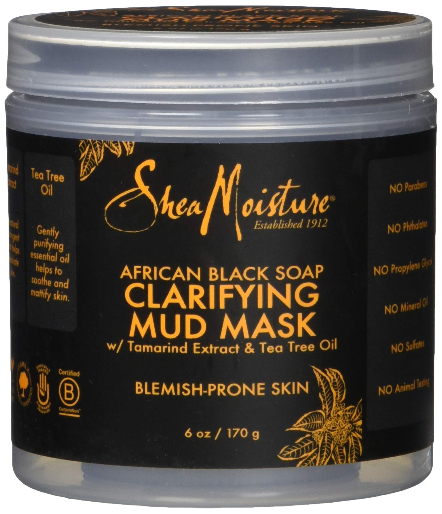 SheaMoisture African Black Soap Clarifying Mud Mask jar demonstrates purifying formula for clearer-looking skin.