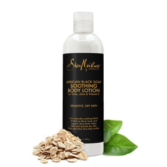 Label shot highlighting fair trade shea butter and aloe for skin comfort.