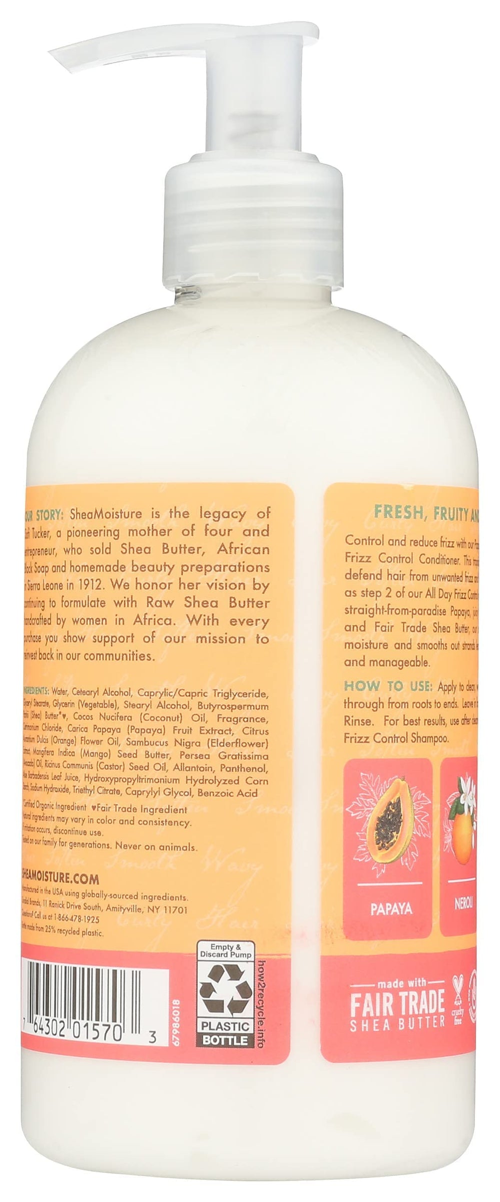 SheaMoisture All Day Frizz Control Conditioner Papaya Neroli ingredients close-up highlighting nourishing oils.