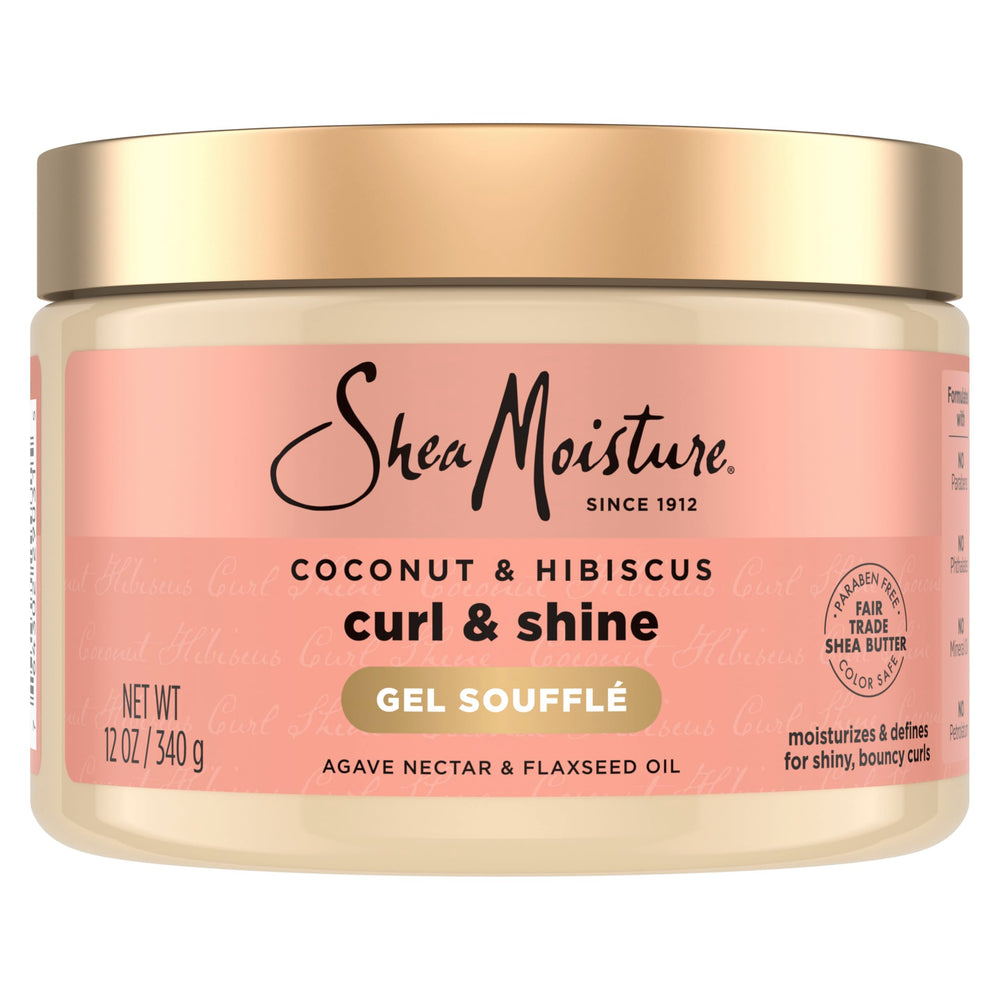 SheaMoisture Coconut and Hibiscus Curling Gel Souffle bottle pour for easy application and hydration.
