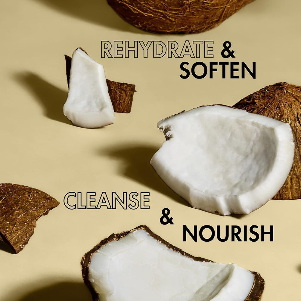 Coconut oil swirl highlights natural nourishment in the shampoo and lotion.
