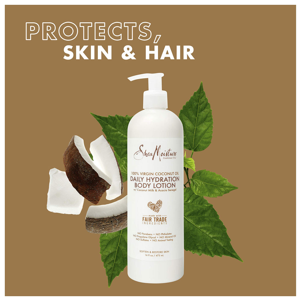Sheamoisture Daily Hydration Lotion label close-up emphasizes coconut oil nourishment.
