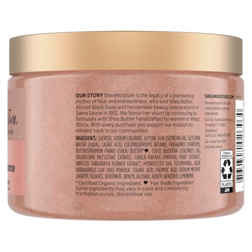 Sheamoisture Glowing Radiance sugar scrub bottle pouring, indicating gentle exfoliation in the shower.