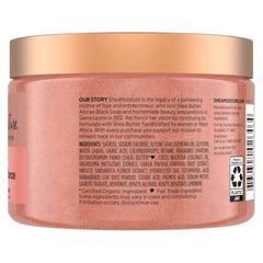 Sheamoisture Glowing Radiance sugar scrub bottle pouring, indicating gentle exfoliation in the shower.