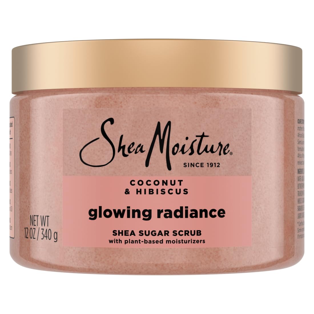 Sheamoisture Glowing Radiance sugar scrub jar with coconut hibiscus for smooth, nourished skin.