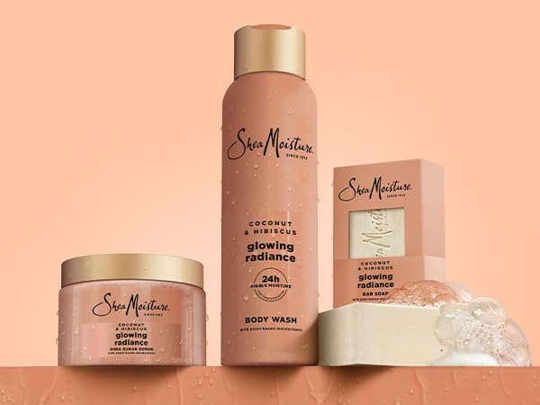 Sheamoisture Glowing Radiance sugar scrub coconut oil infusion for soft, refreshed skin.