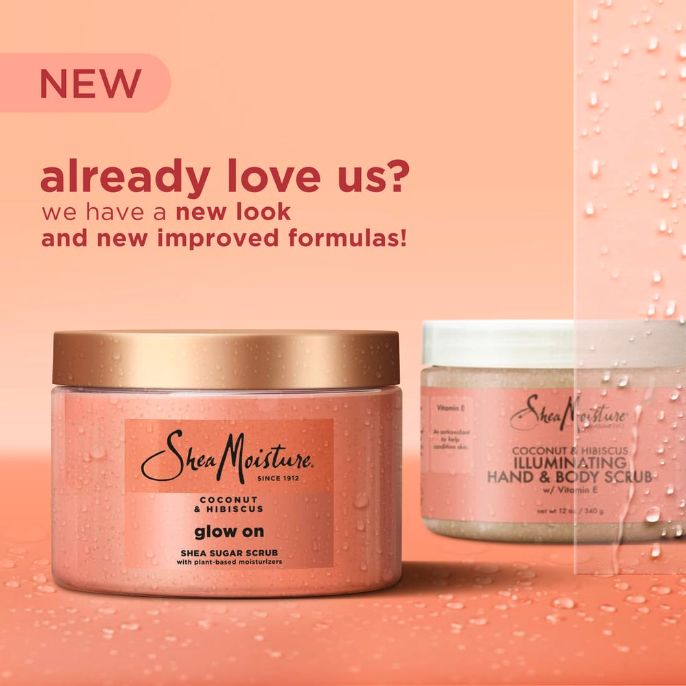 Sheamoisture Glowing Radiance sugar scrub hibiscus flower, suggesting radiant skin after use.