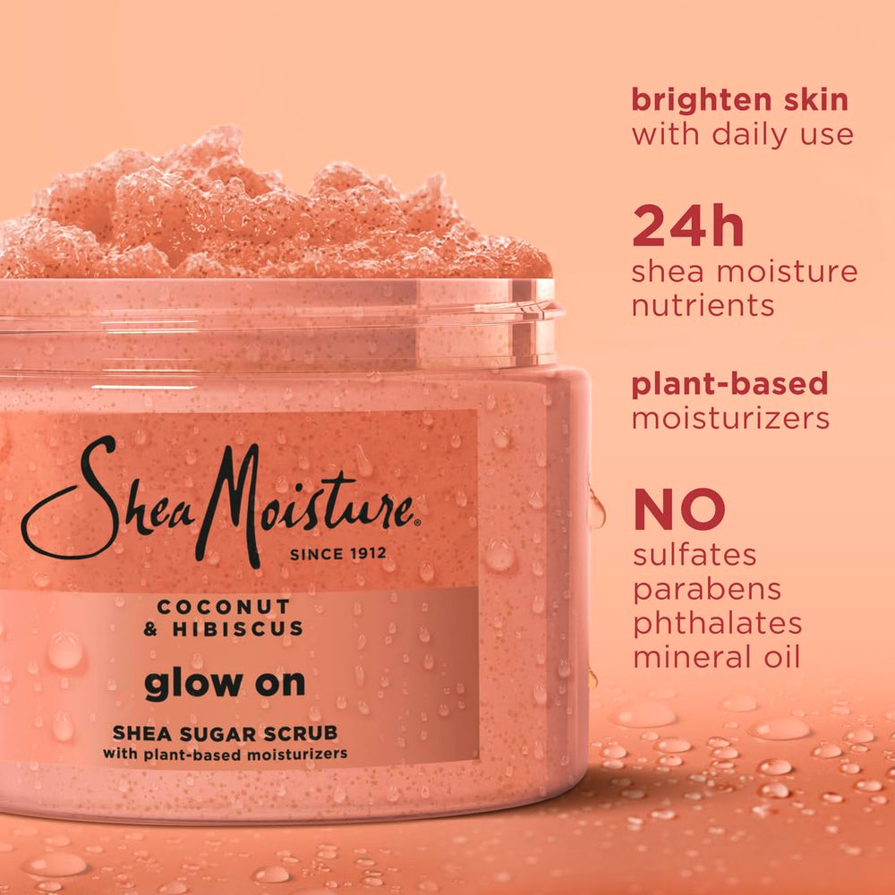 Sheamoisture Glowing Radiance sugar scrub ingredients highlight coconut oil and hibiscus for nourishment.