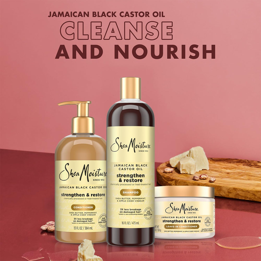 SheaMoisture Jamaican Black Castor Oil Leave-In Conditioner dispenser adds lasting hydration.