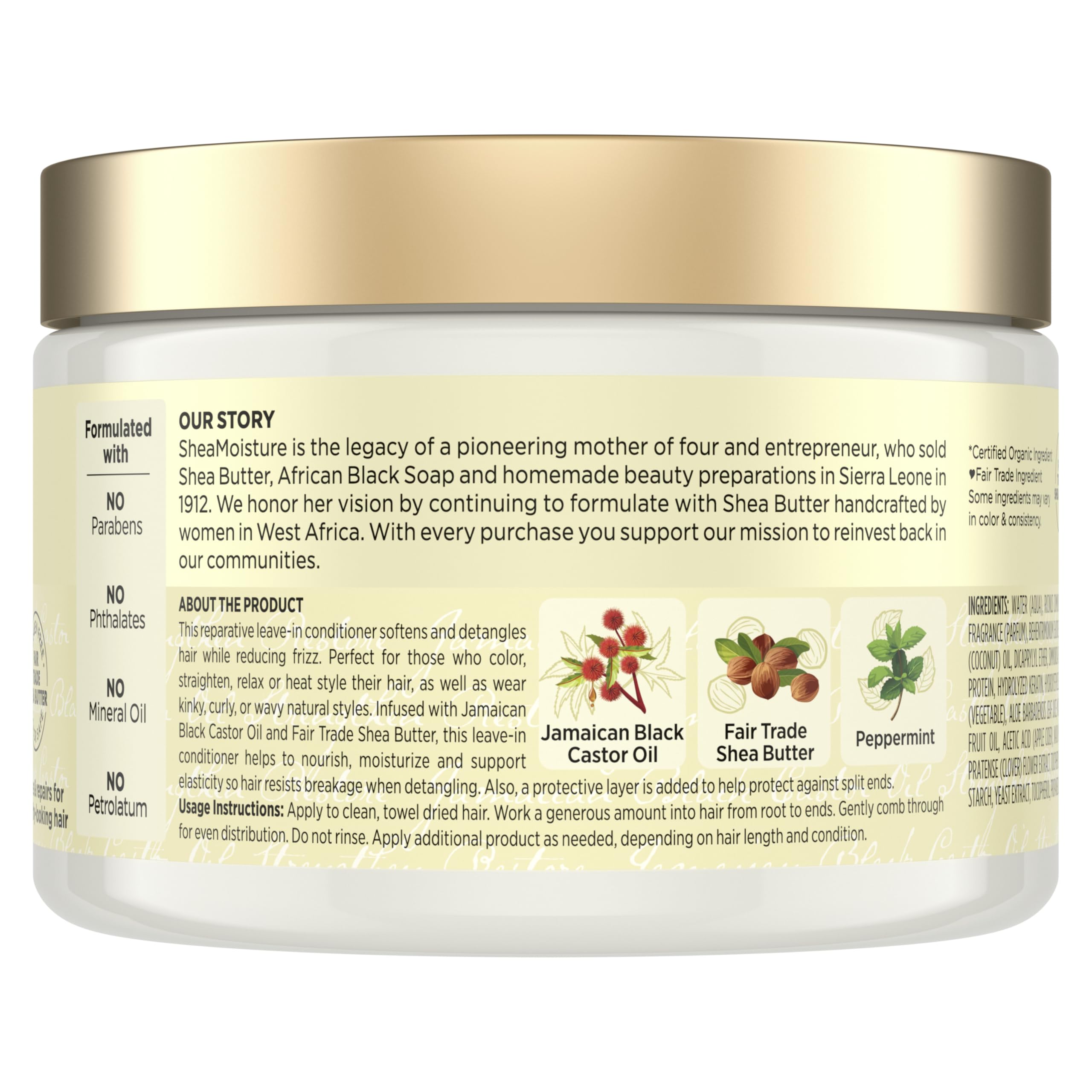 Label close-up shows natural ingredients behind SheaMoisture Leave-In Conditioner