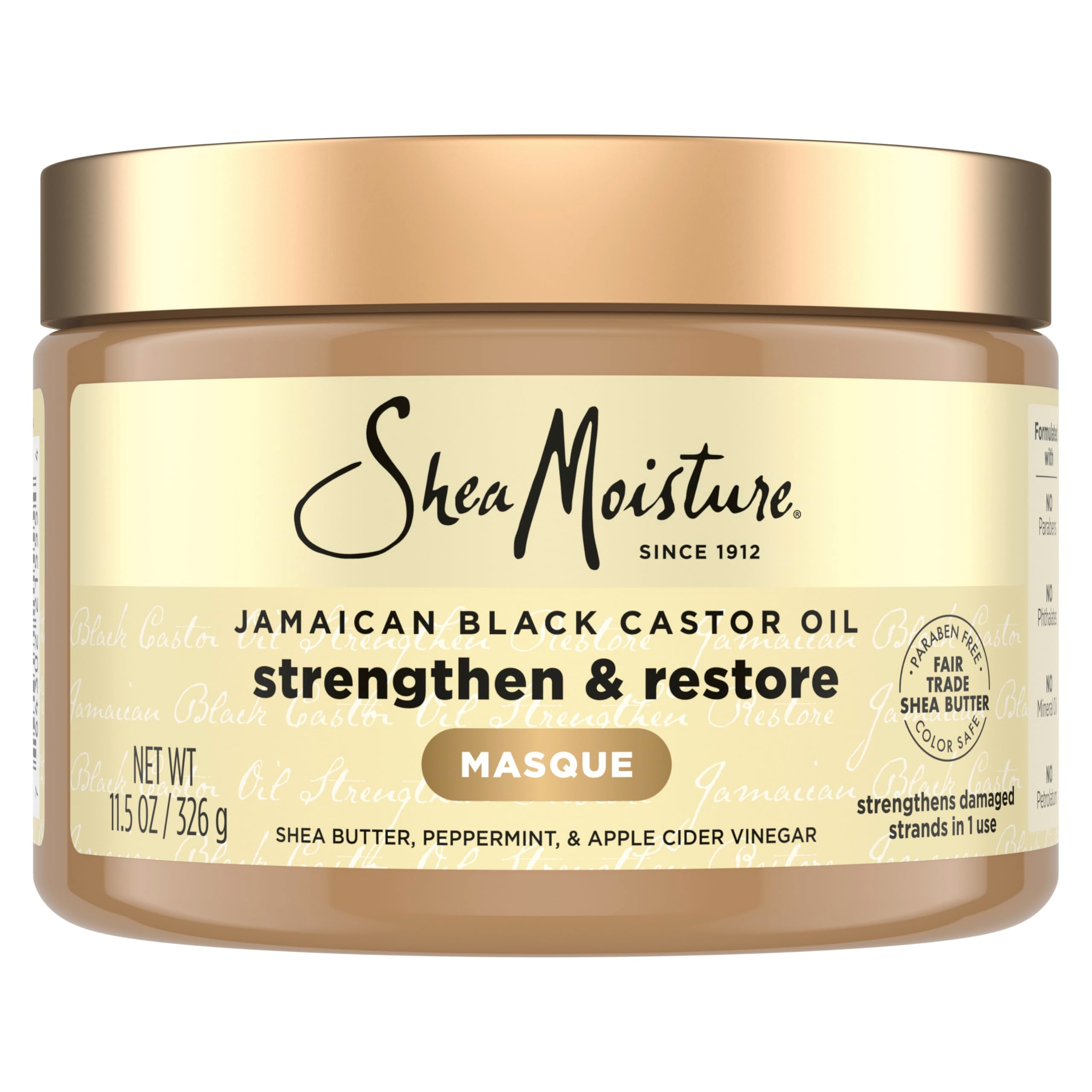 Brand SheaMoisture Jamaican Black Castor Oil Masque bottle provides moisture for damaged hair