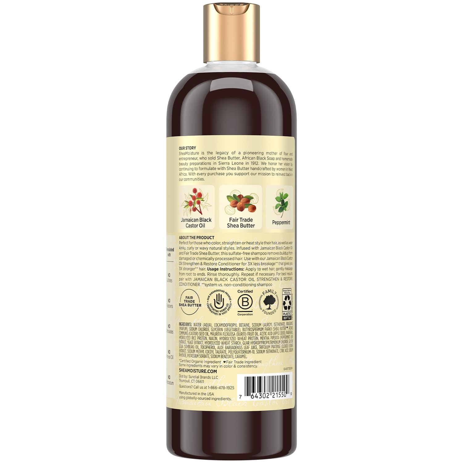 Shampoo bottle back label explains Fair-Trade Shea Butter and nourishing formula