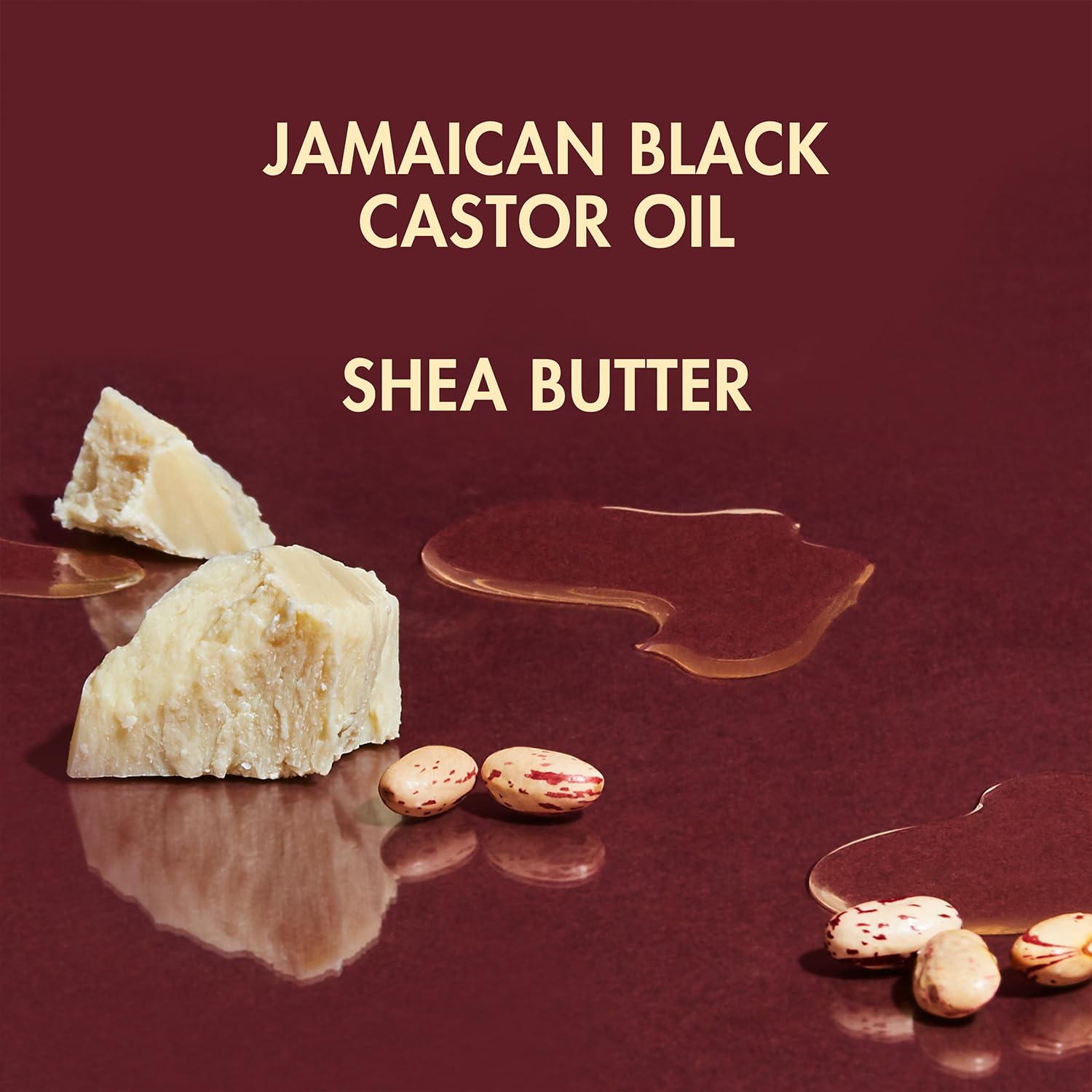 Close-up on ingredients shows shea butter and Jamaican black castor oil