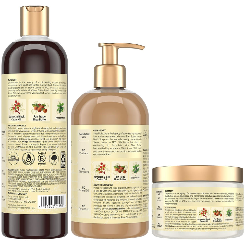 SheaMoisture Jamaican Black Castor Oil Strengthen & Restore Conditioner tube smooths hair.