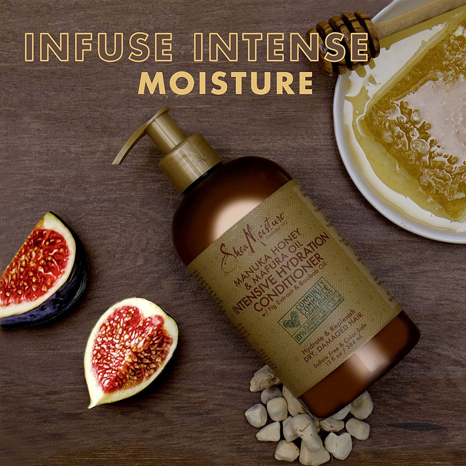 Ingredient label close-up showing fig extract and baobab oil on conditioner
