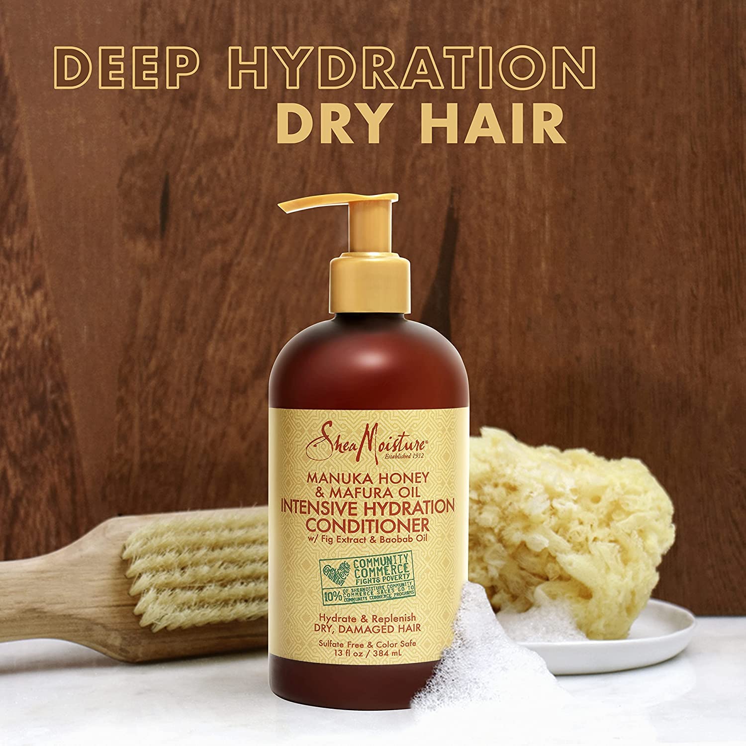 Close-up of label on SheaMoisture conditioner featuring Manuka Honey and Mafura Oil