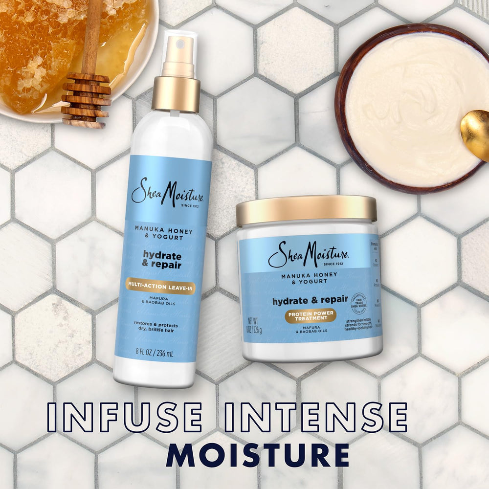 SheaMoisture Manuka Honey Yogurt treatment jar showing deep repair for dry hair.