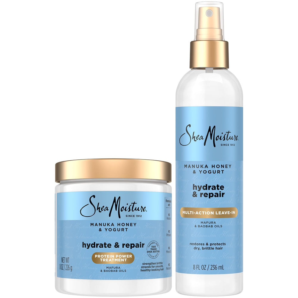SheaMoisture Manuka Honey Yogurt Leave-In bottle pour for quick smoothing and easy styling.