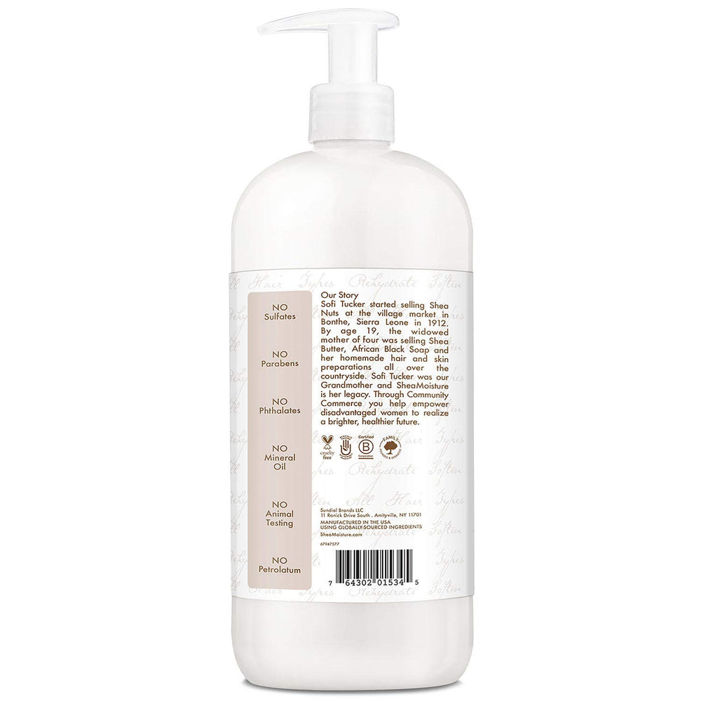 SheaMoisture conditioner close-up shows coconut oil glow for softening hair.