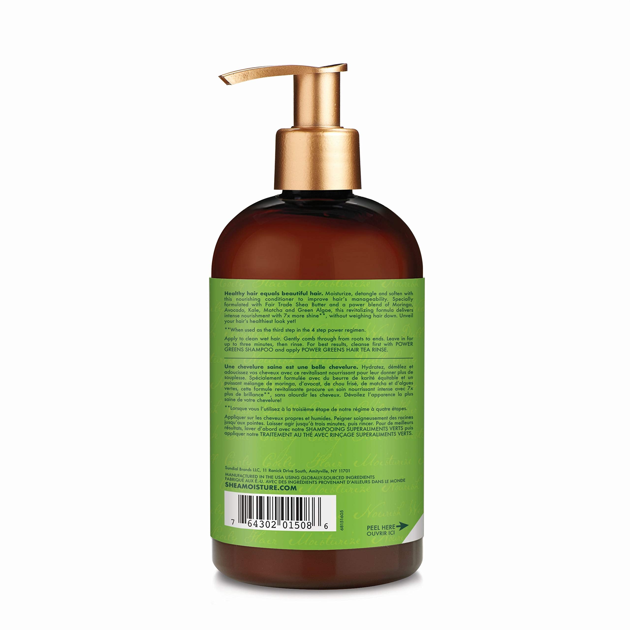 Label close-up of SheaMoisture Moringa Avocado Power Greens showing nourishing ingredients.