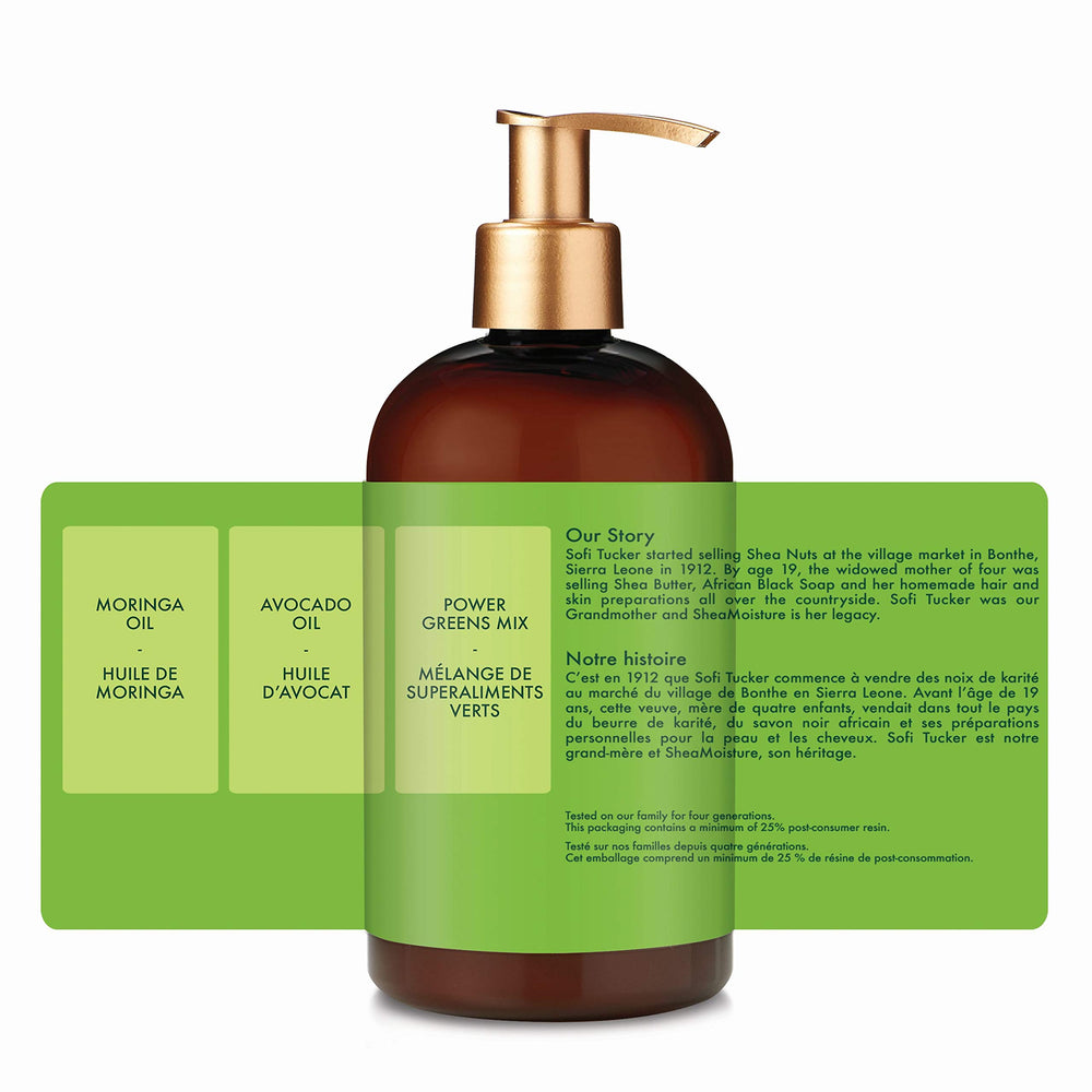 Shower routine shot with SheaMoisture conditioner in use.