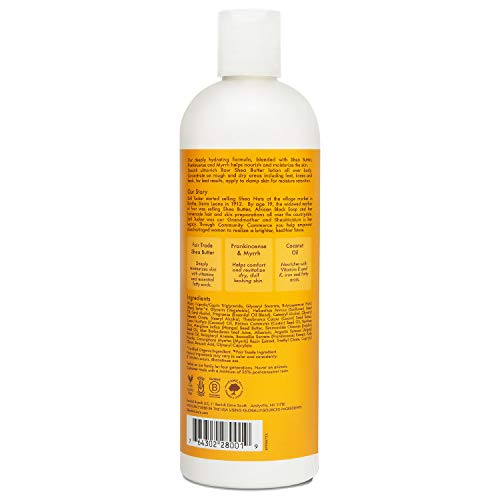 Sheamoisture Raw Shea Butter Body Lotion label closeup highlights ethical ingredients