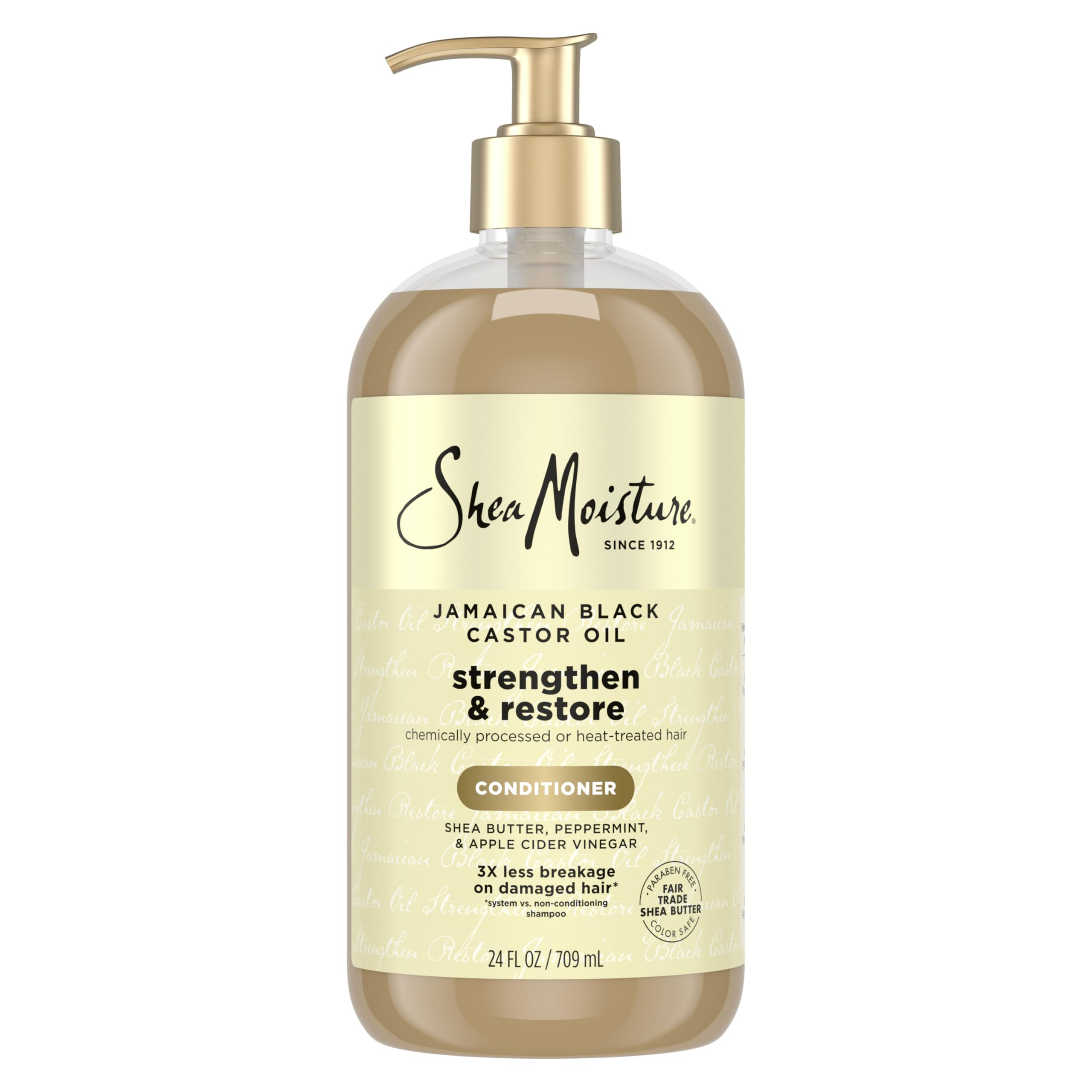 Sheamoisture Strengthen & Restore conditioner bottle showing paraben-free formula for damaged hair