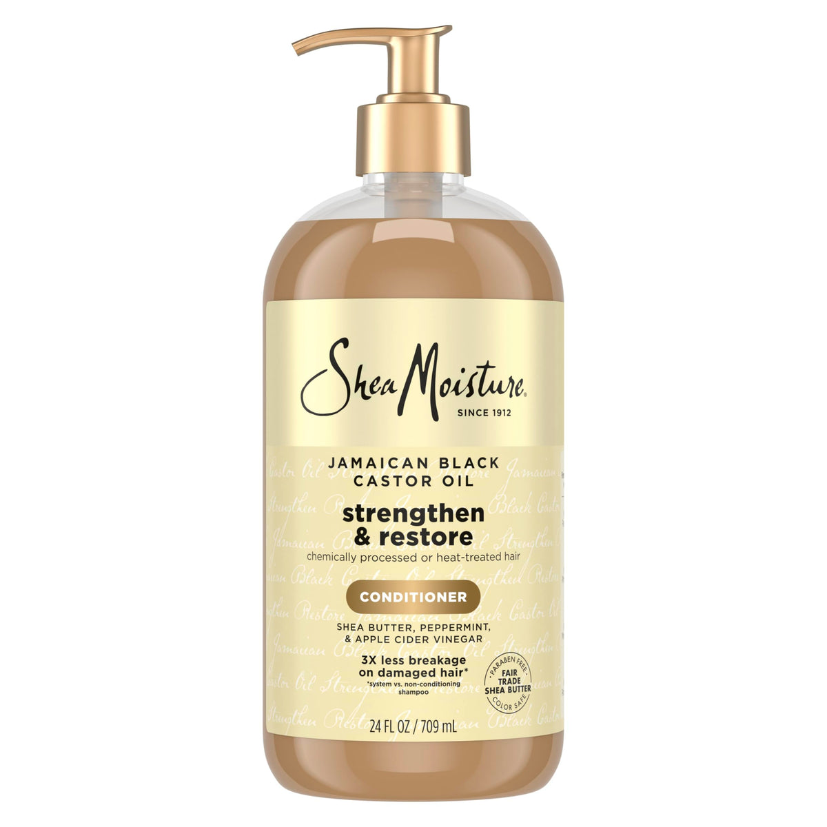 Sheamoisture Strengthen & Restore conditioner bottle showing paraben-free formula for damaged hair
