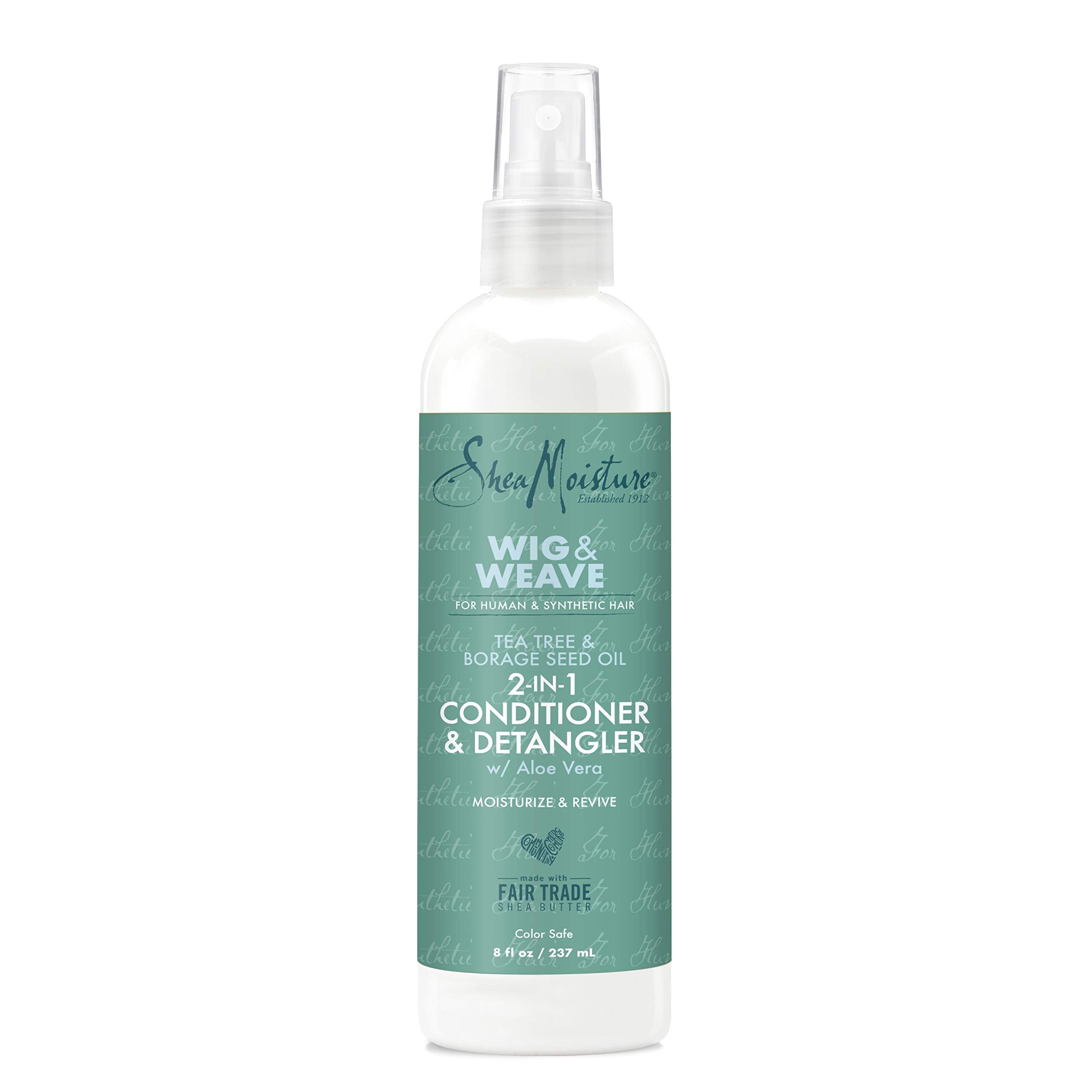 Sheamoisture Tea Tree and Borage 2in1 conditioner bottle closeup for detangling and hydration.