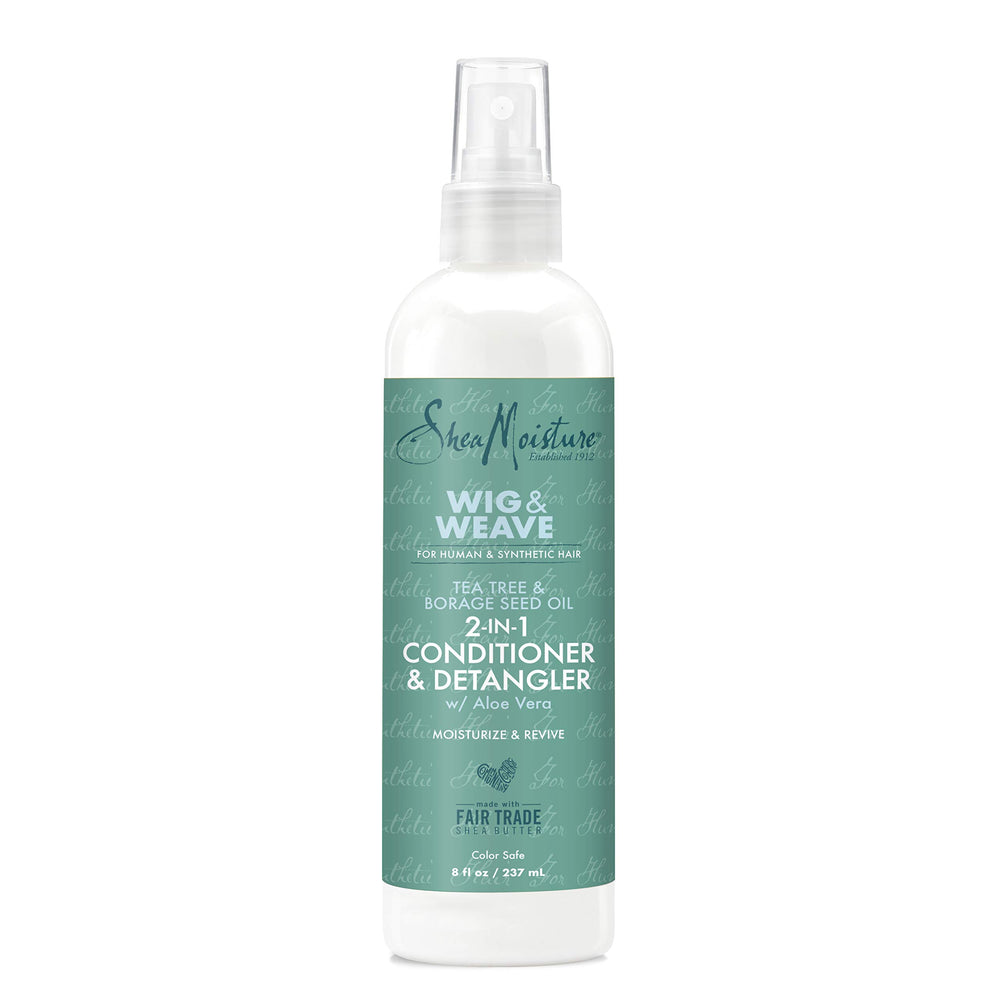 Sheamoisture Tea Tree and Borage 2in1 conditioner bottle closeup for detangling and hydration.