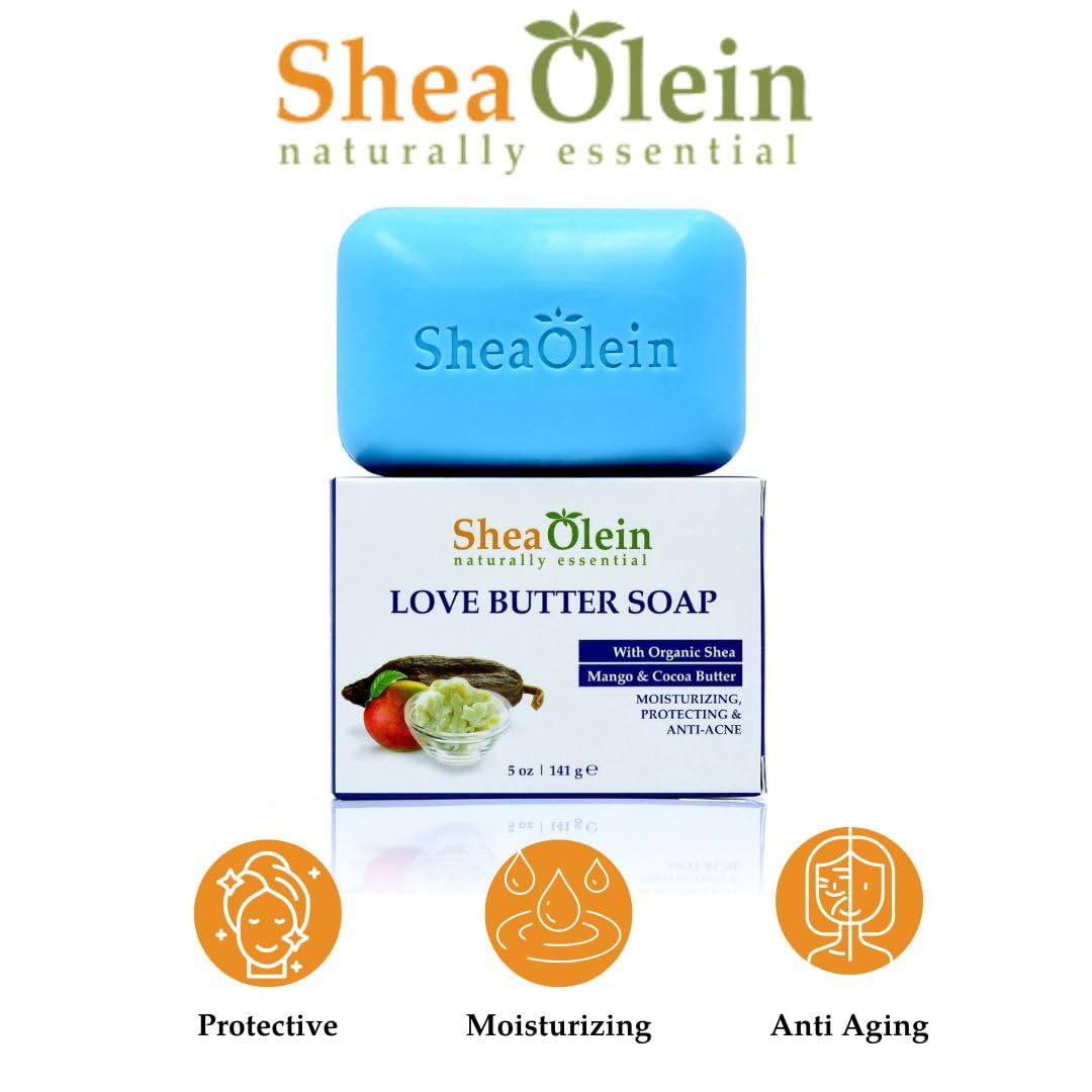 SheaOlein Love Butter Soap bar closeup shows creamy texture and oils.