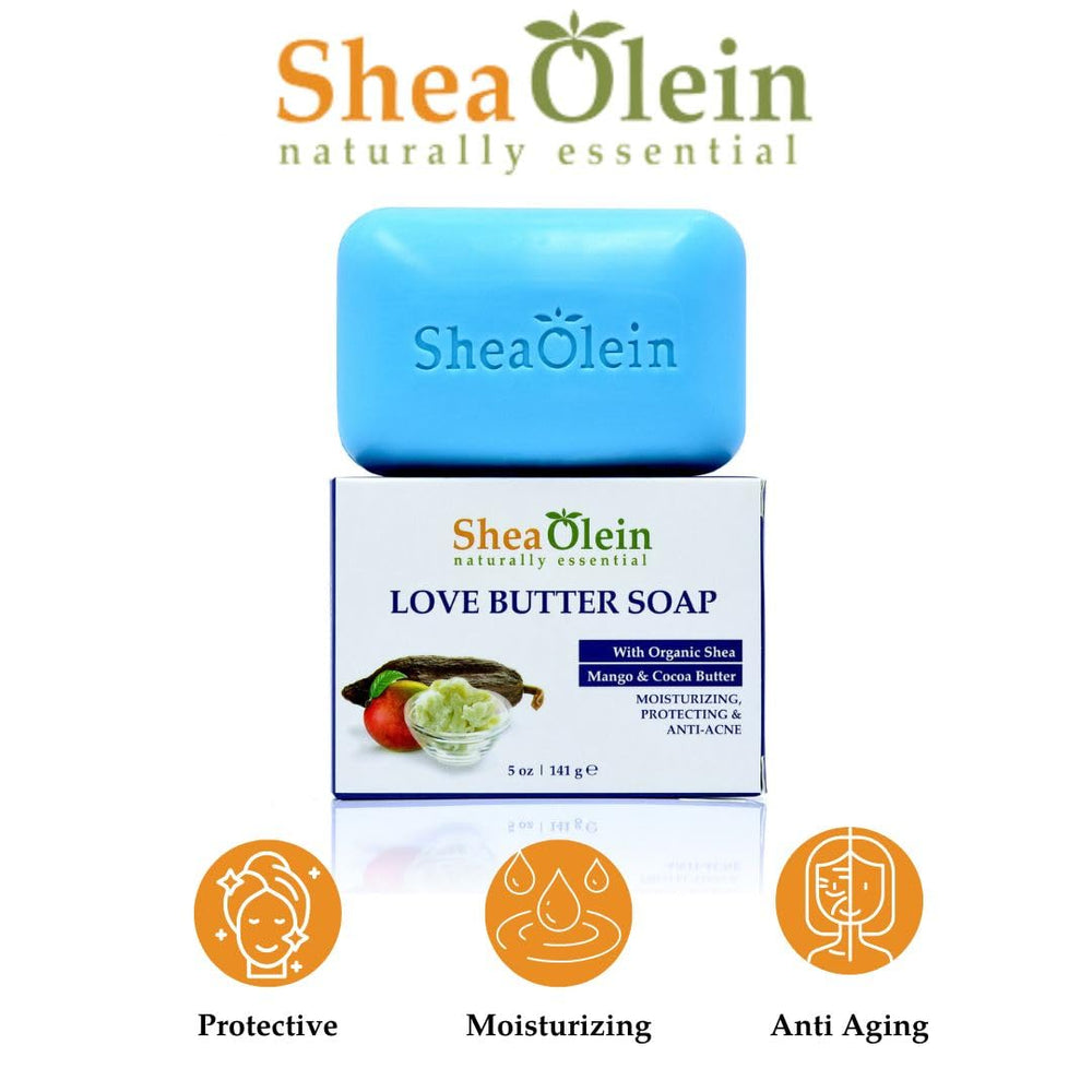 SheaOlein Love Butter Soap bar closeup shows creamy texture and oils.