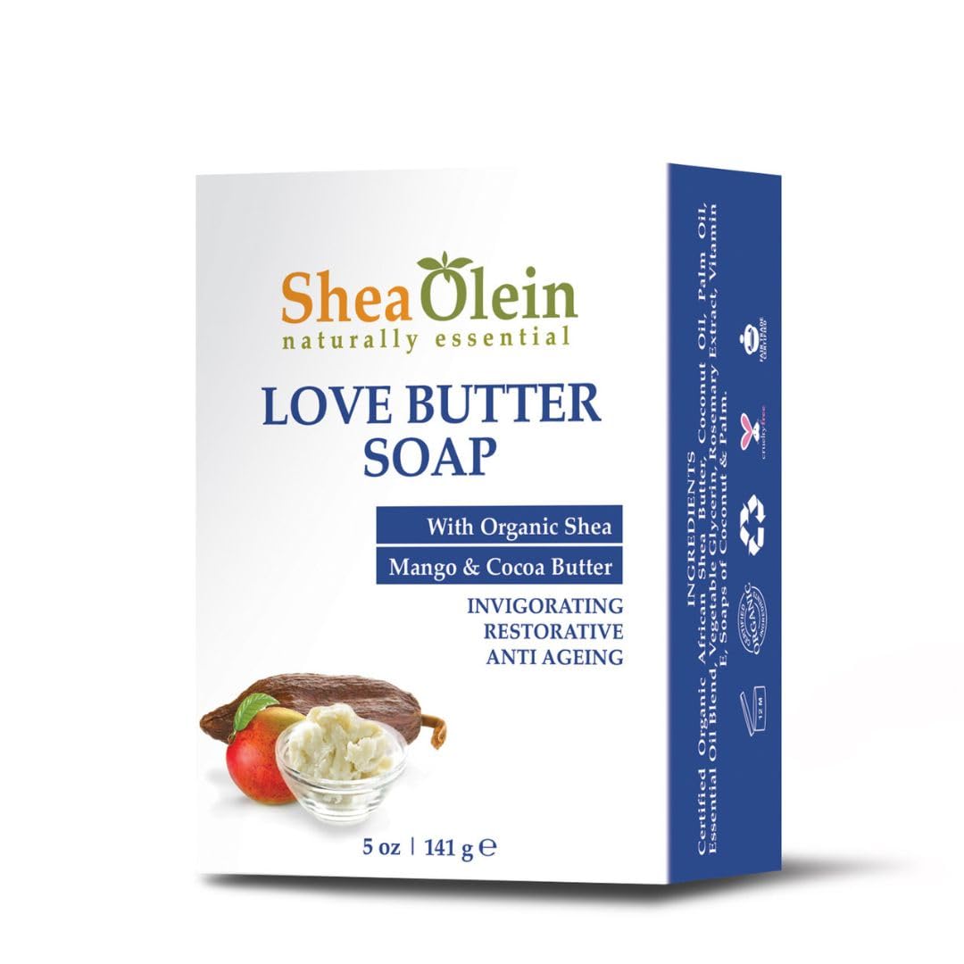 SheaOlein Love Butter Soap packaging highlights organic ingredients and moisture-rich formula.