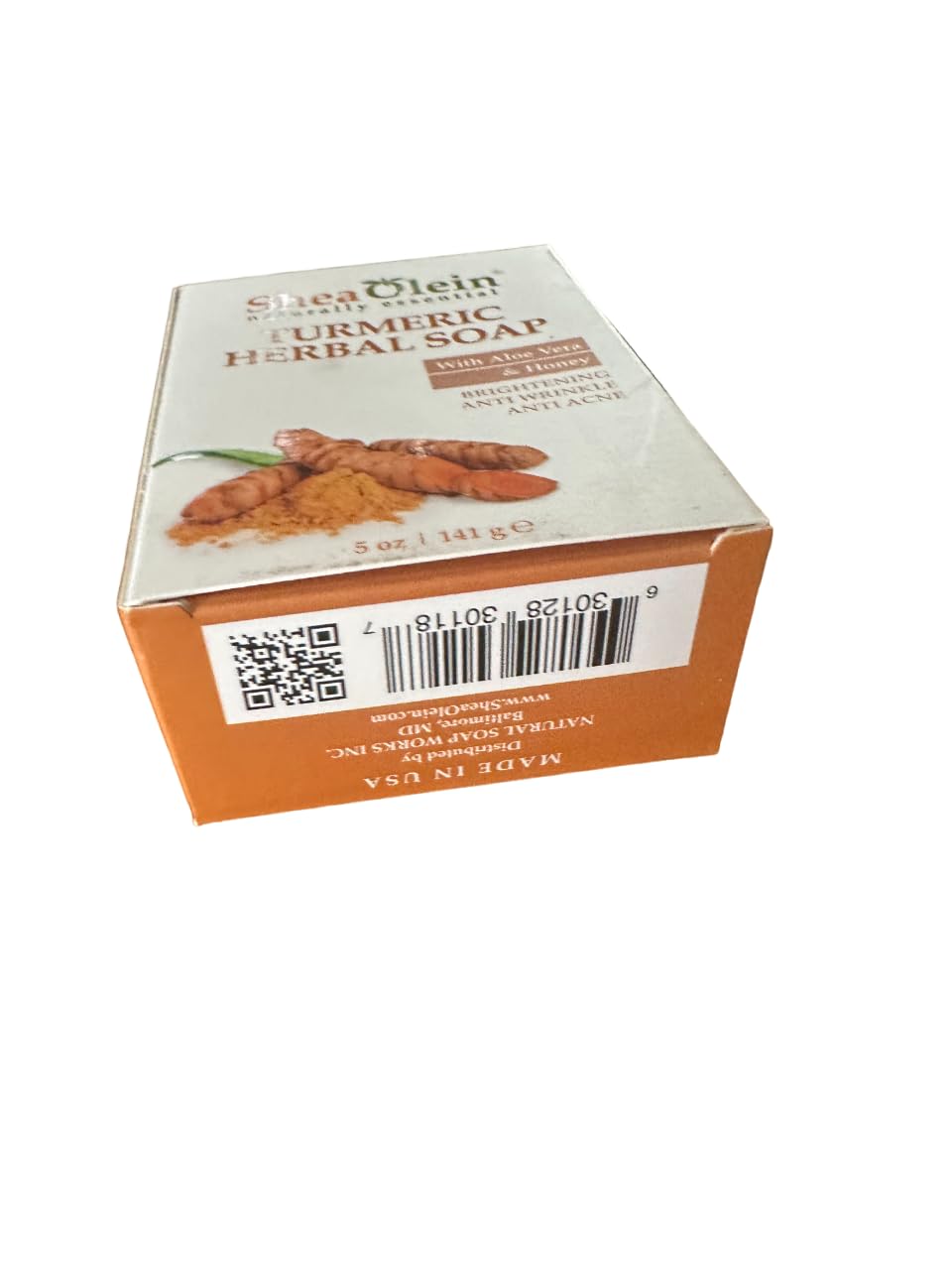 Ingredients label for SheaOlein Turmeric Herbal Soap showing organic turmeric and aloe