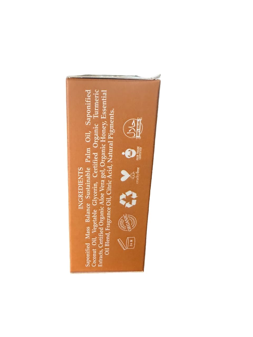 Packaging shot of SheaOlein Turmeric Herbal Soap highlighting natural ingredients
