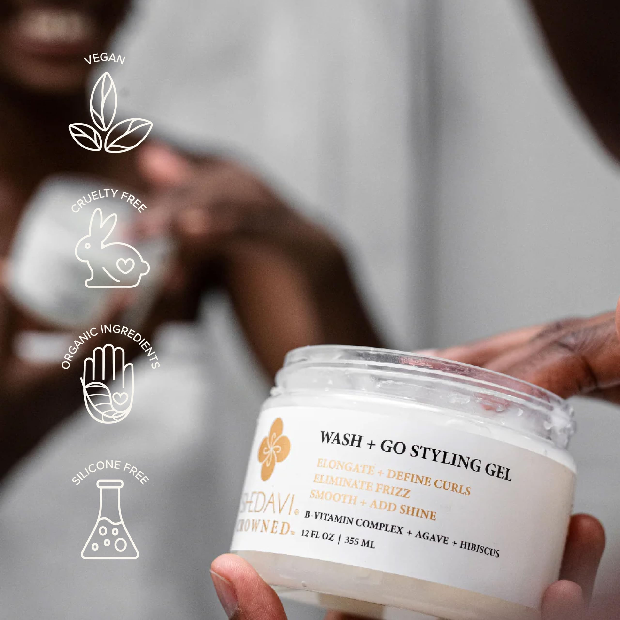 Shedavi Hair Gel close-up of ingredients communicates transparency and brand trust.