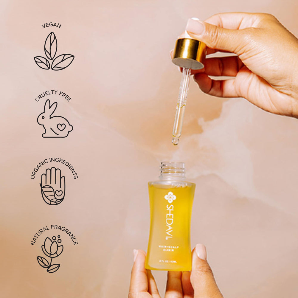 Shedavi Iconic vegan hair serum in eco-friendly packaging for sustainable beauty.