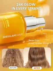 SHEGLAM 24K Glow Hair Oil Serum packaging highlighting vegan clean formula.