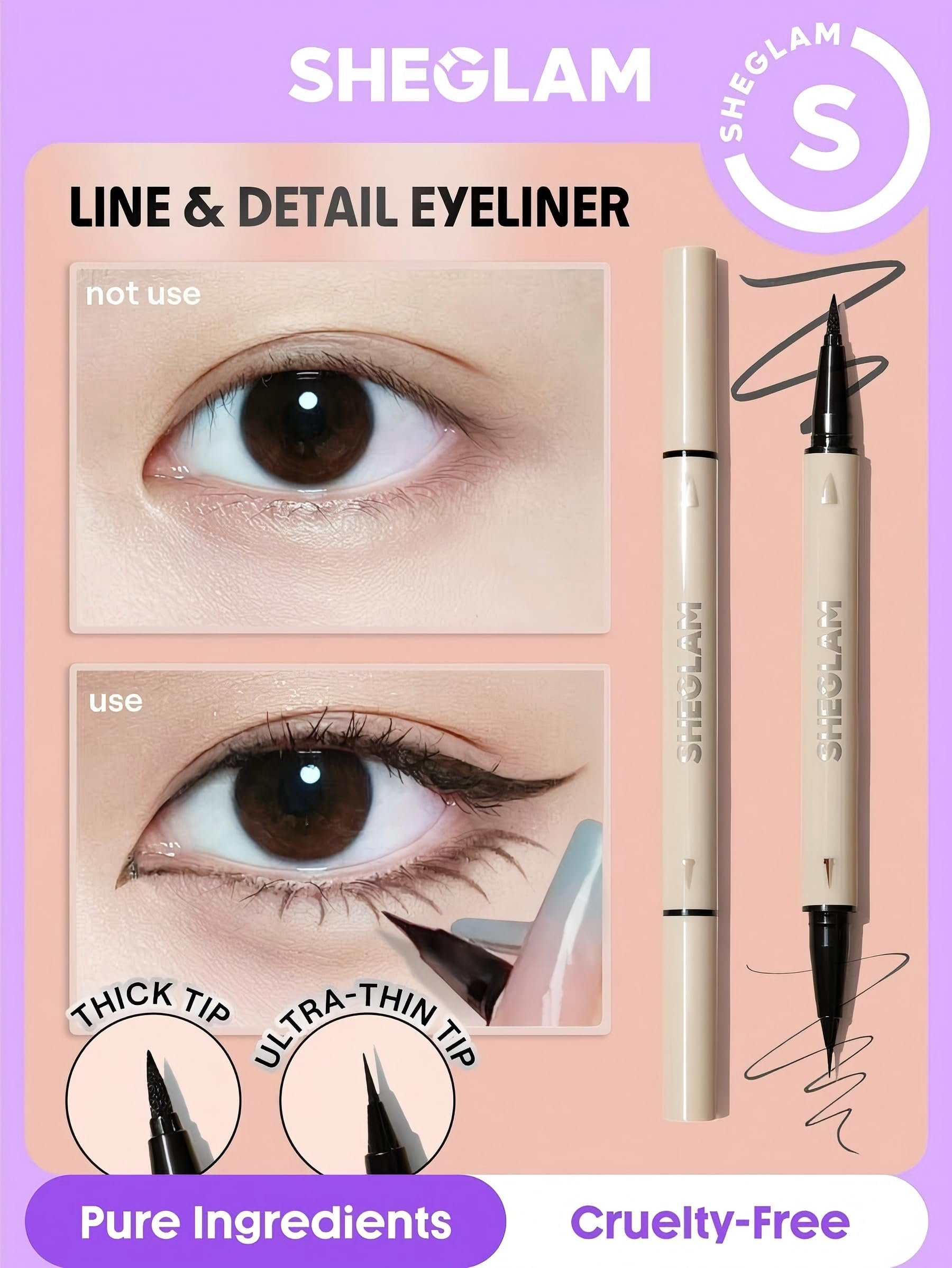 SHEGLAM 2-in-1 eyeliner stamp and draw feature enables versatile looks.