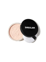 SHEGLAM Baked Glow Setting Powder packaging close-up highlighting oil-control properties.