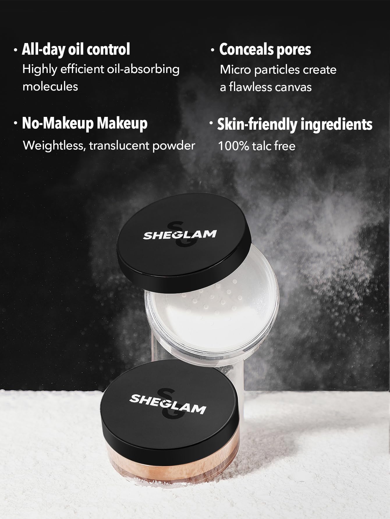 SHEGLAM Baked Glow texture close-up emphasizes silky, talc-free formula.
