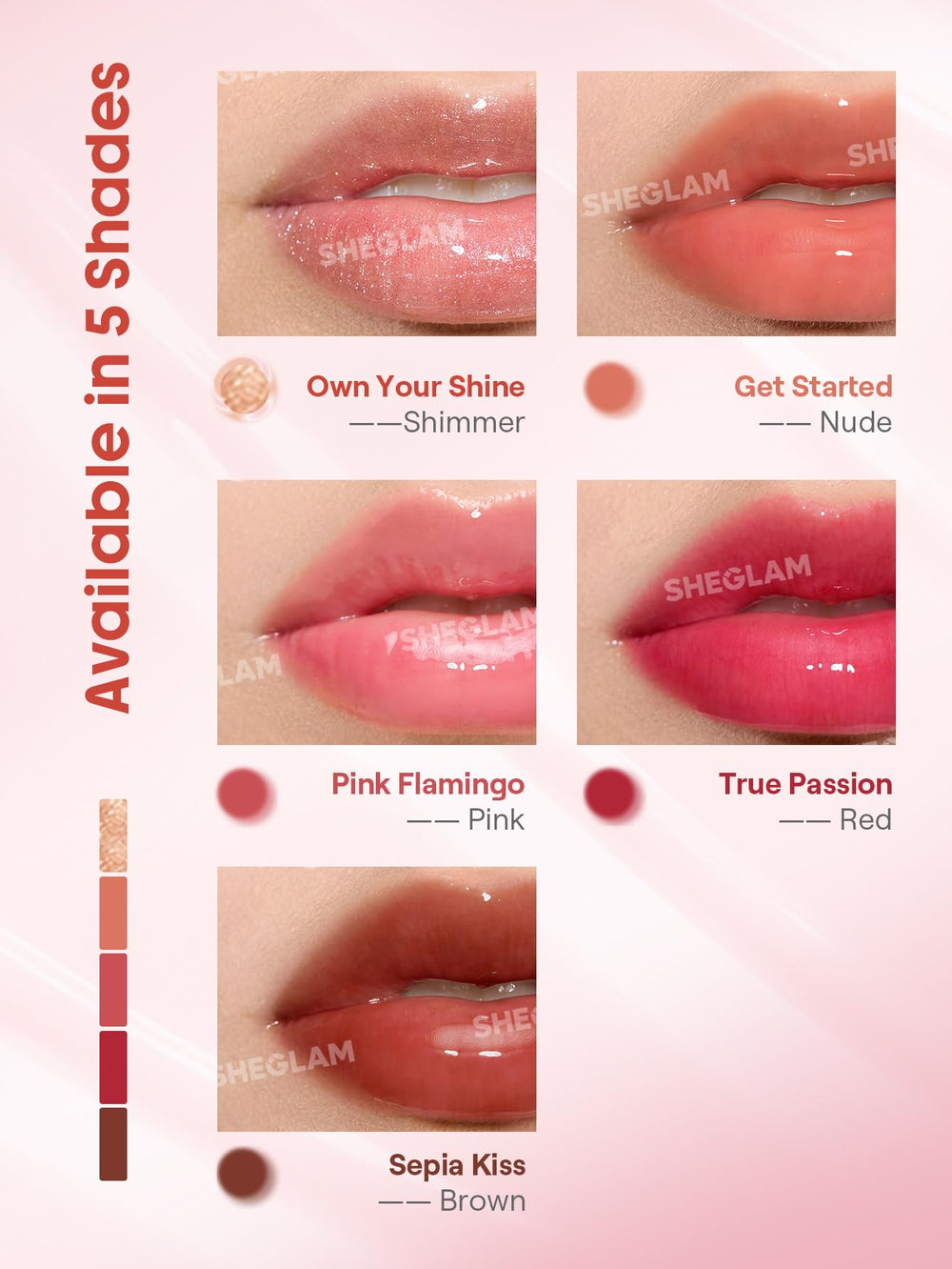 SHEGLAM Booster Shine formula with hyaluronic acid and jojoba nourishes lips.