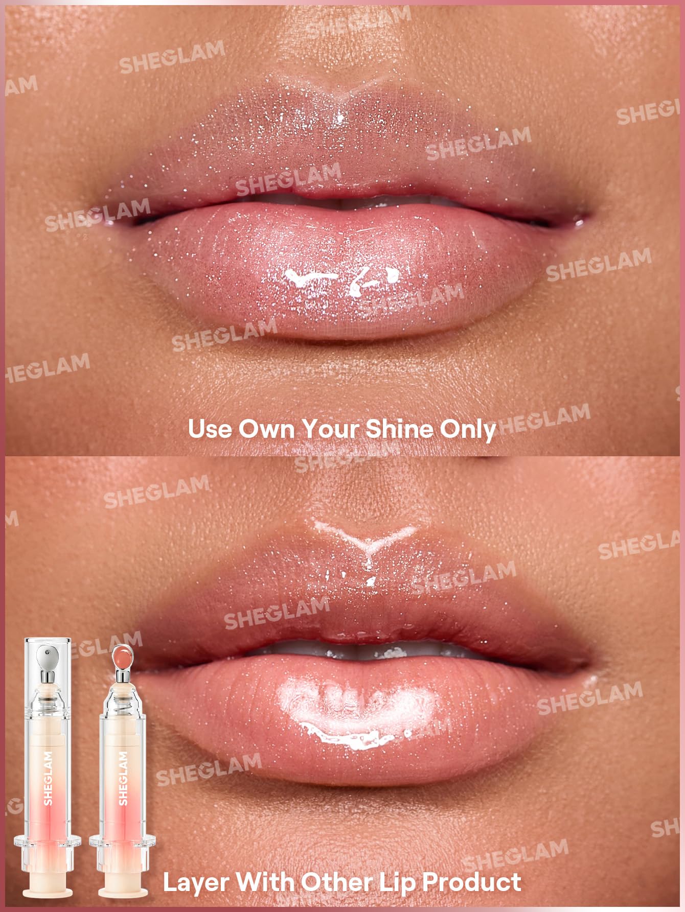 SHEGLAM Booster Shine paired with Bold Booster Lip Liner for defined, fuller look.