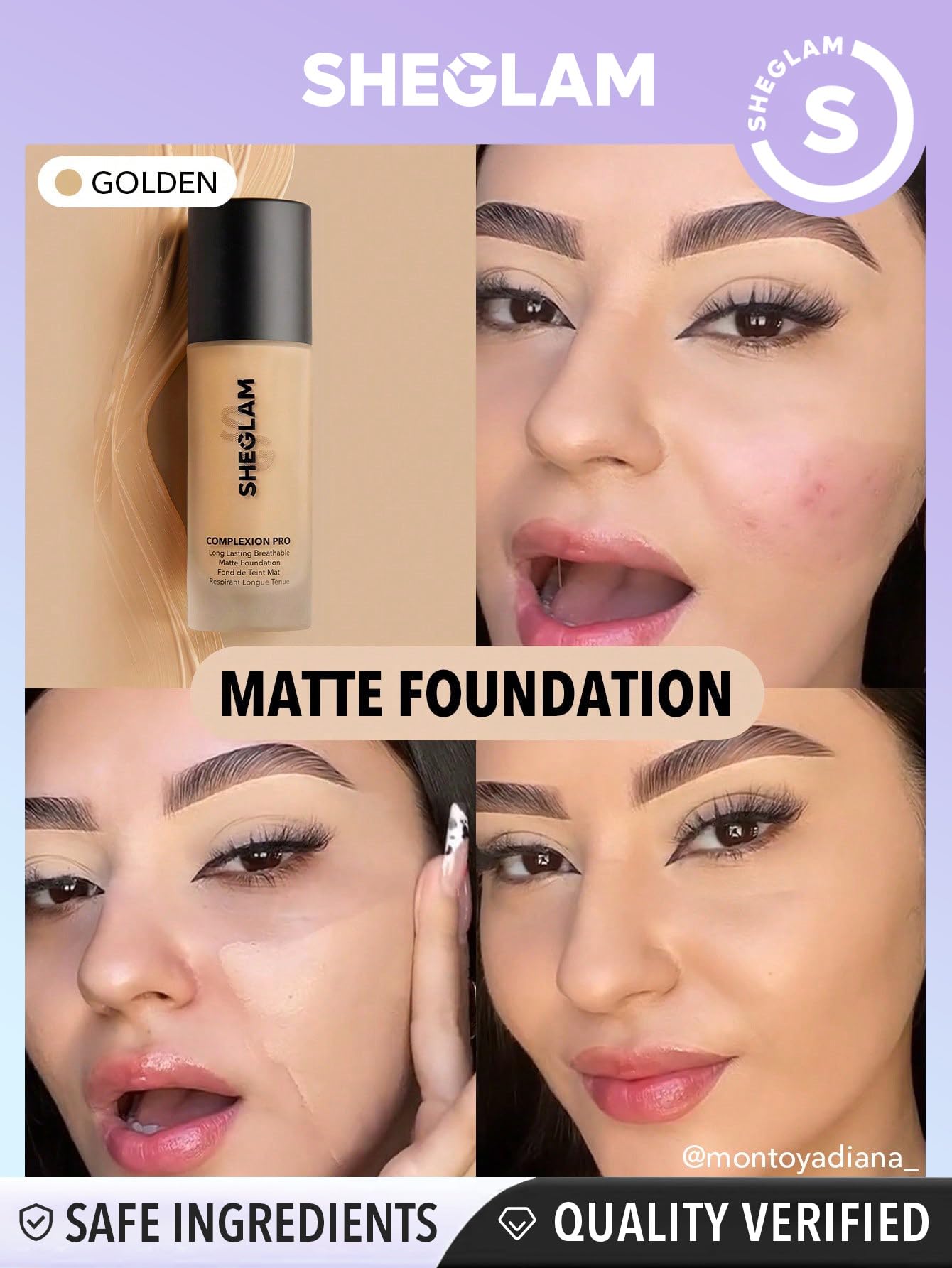 SHEGLAM foundation swatch on arm shows semi-matte, natural-looking coverage.