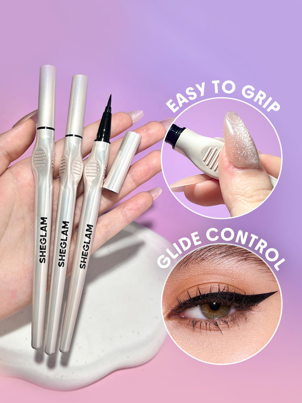 SHEGLAM Glide Control matte-finish eyeliner swatch highlights bold black shade.