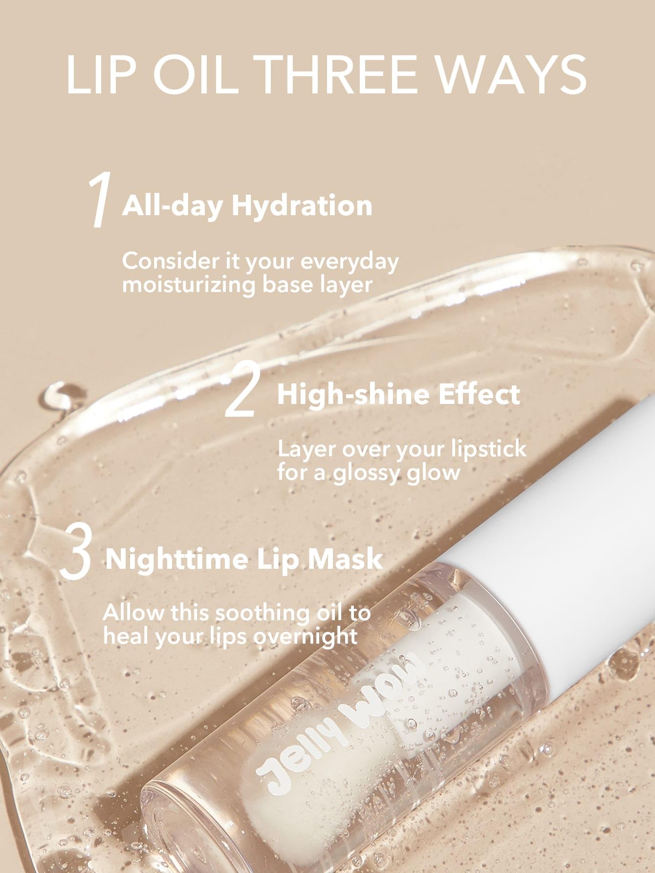 SHEGLAM Jelly Wow lip oil swatch on lips delivers non-sticky wear.