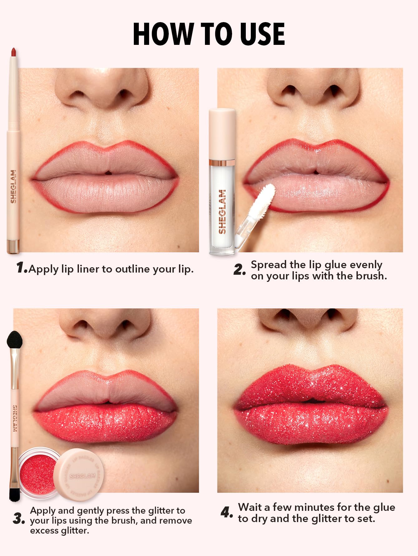 SHEGLAM Lip Dazzler glitter kit open with applicator brush for precise application.