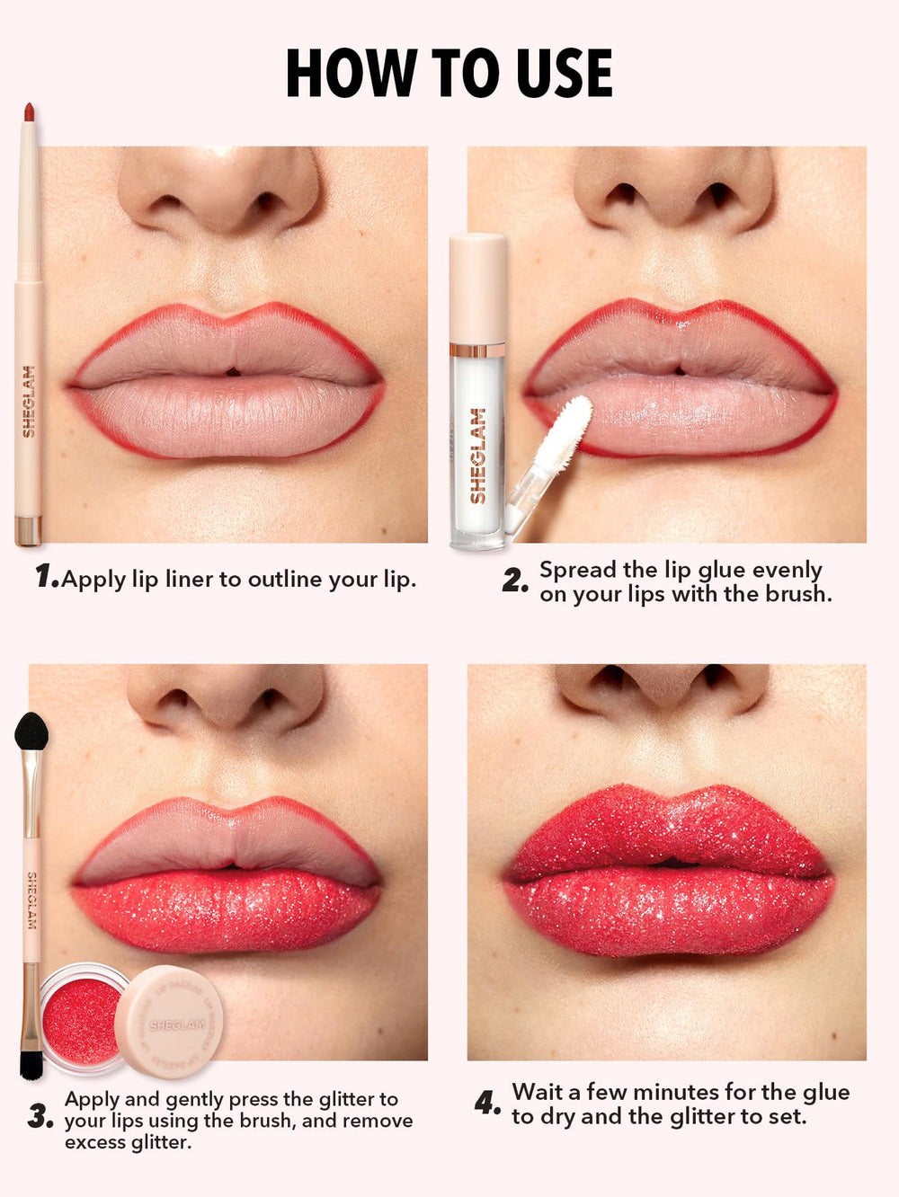 SHEGLAM Lip Dazzler glitter kit open with applicator brush for precise application.
