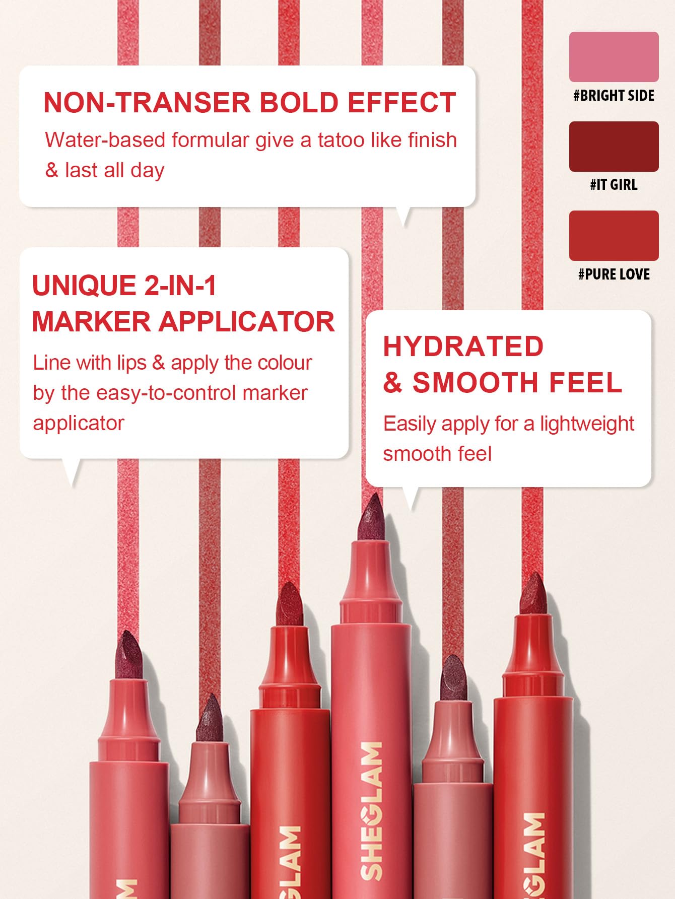 SHEGLAM Lip Tint Marker swatches It Girl for a bold red statement