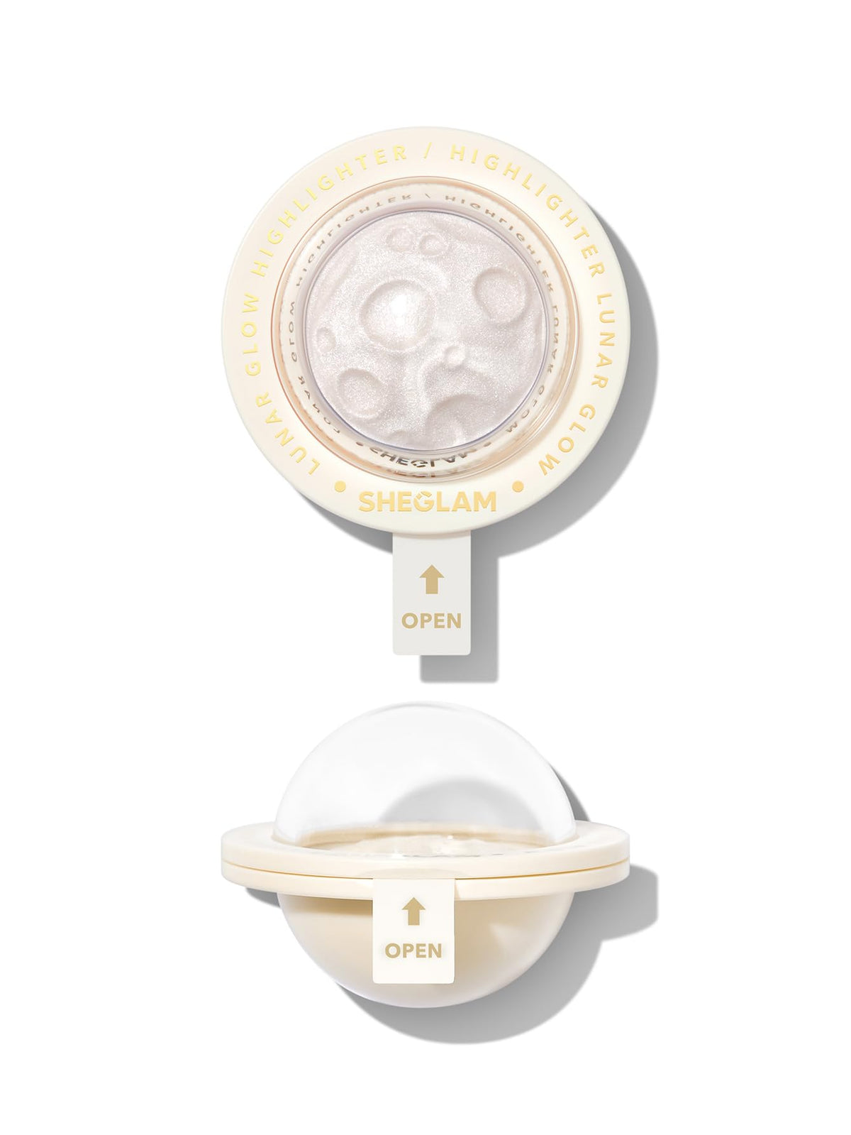 SHEGLAM Lunar Glow Highlighter compact radiates soft gold shimmer for cheeks.